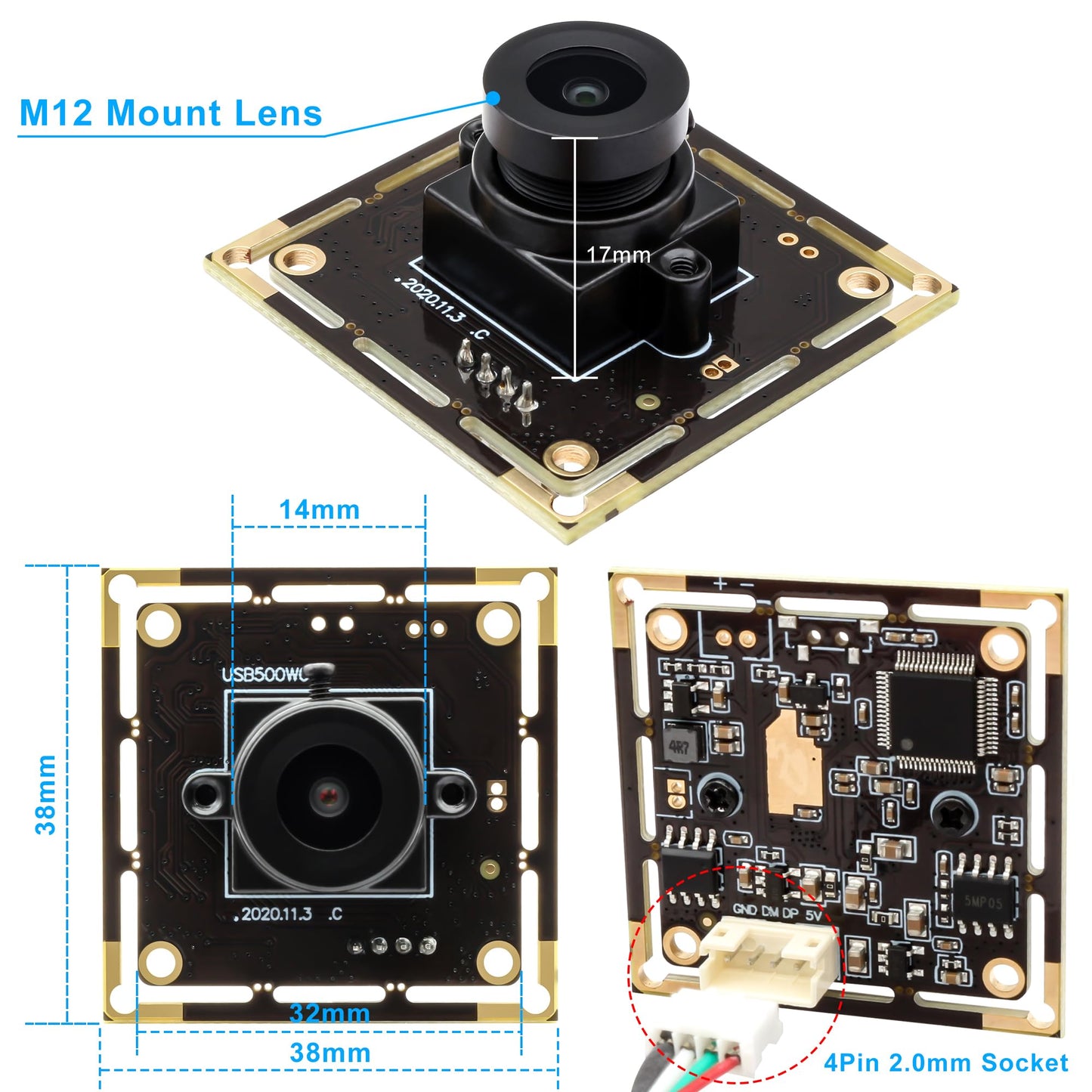 5MP USB Camera Module, 2.1mm Wide Angle Lens - 2592x1944 CMOS Sensor, Plug & Play Industrial Webcam for Machine Vision, Inspection, Monitoring - Compatible with Windows, Linux, macOS, Raspberry Pi