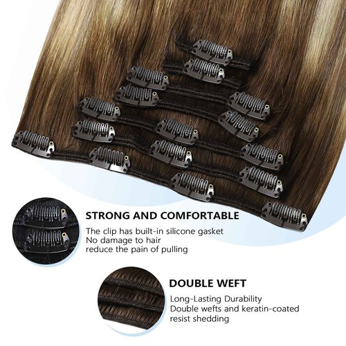 COOKAYU Clip in Hair Extensions Real Human Hair, 20inch 120g 7Pcs 3/8/22 Walnut Brown to Ash Brown and Blonde Hair Extensions Clip in Human Hair Thick Silky Straight Extensions