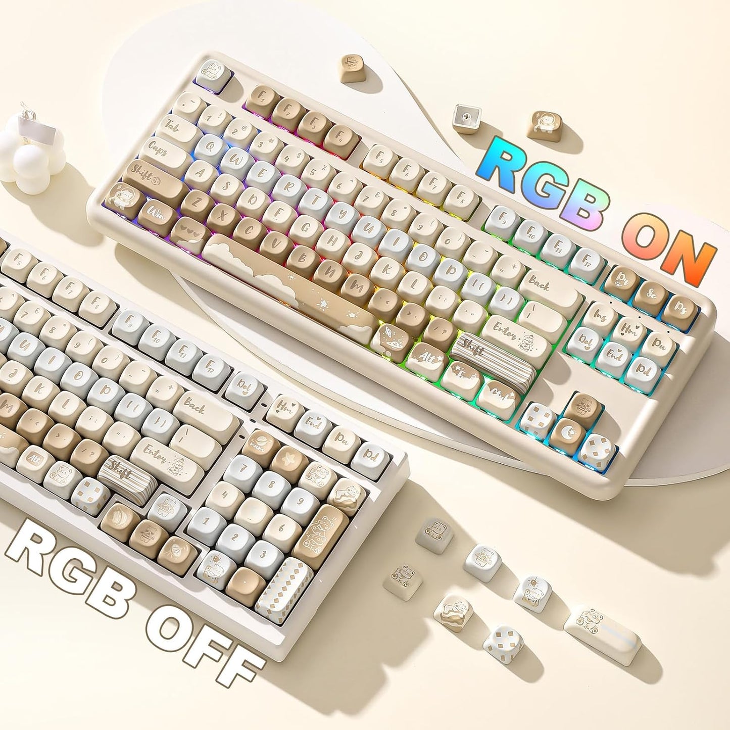 YUNZII 132 Keys MOA Keycaps, Dye-Sublimation PBT Custom Keycap Set for MOA Profile, Cute Bear Customized Pattern Keycaps for MX Switches Mechanical Gaming Keyboard (Butter)