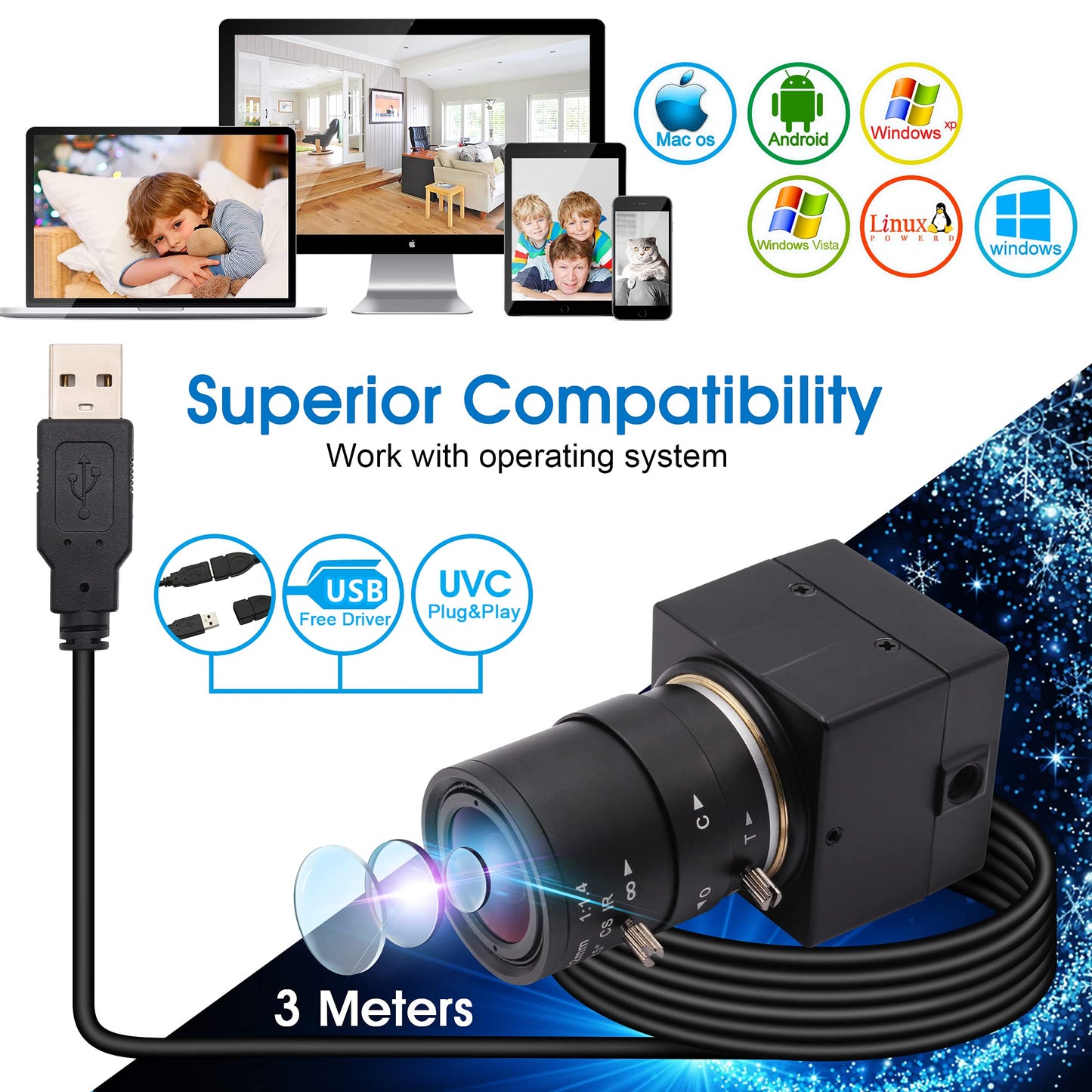 ALPCAM 4K Wide Angle Varifocal Zoom Lens Webcam Ultra HD 2160P 30fps Plug and Play USB Computer Camera for Windows/Linux/Raspberry Pi/Mac