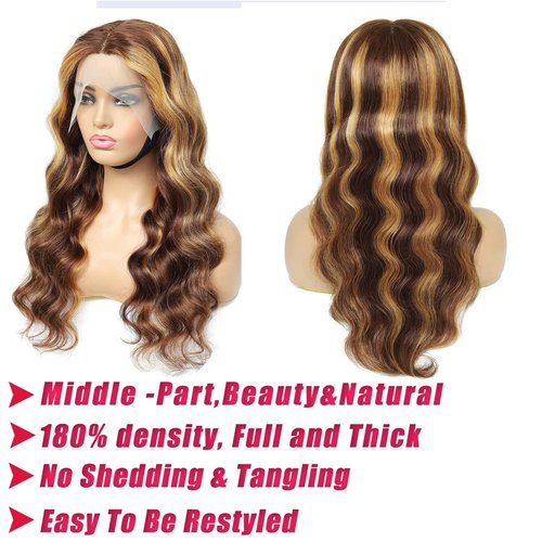 Body Wave Highlight Lace Front Wigs 14a 13x6 hd t Lace Front Wigs Human Hair Pre Plucked 4/27 Colored 180% Density HD Honey Blond Wigs for Black Women Ombre 13x6x1 Transparent Body Wave Wig ( 24 Inch)