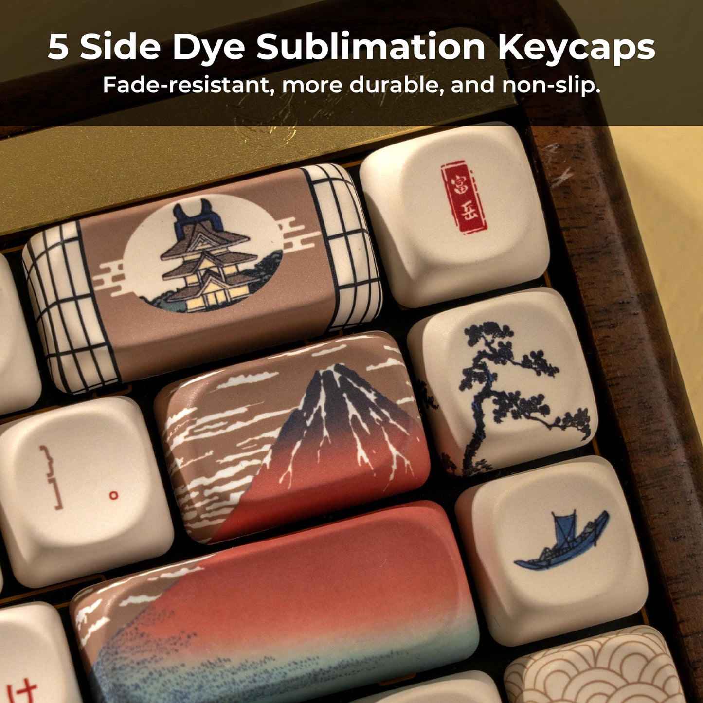 XVX MOA Profile Japanese Fuji Mountain Theme PBT Keycaps Set, 140-Key Coffee & Cream Custom Keycaps for US Layout Mechanical Keyboards (Brown/Beige Design with Key Puller)