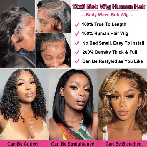 UWLK Bob Human Hair Wig 200% Density 13x6 HD Transparent Lace Front Wigs Human Hair Pre Plucked Body Wave Wig for Black Women 18 Inch