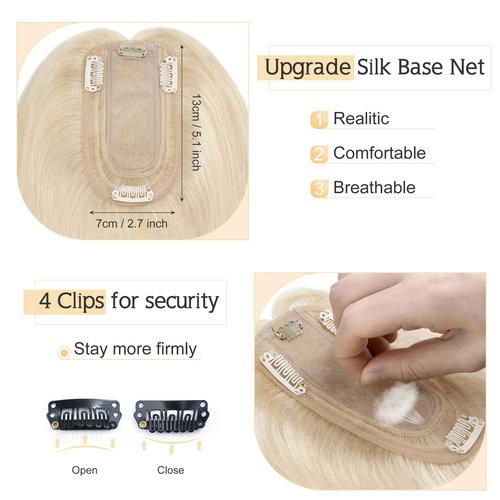 SEGO Human Hair Toppers for Women With Thinning Hair, 7 * 13CM Silk Base 100% Real Human Hair Clip in Top Wiglet Hairpieces /12 Inch No Bangs Platinum Blonde