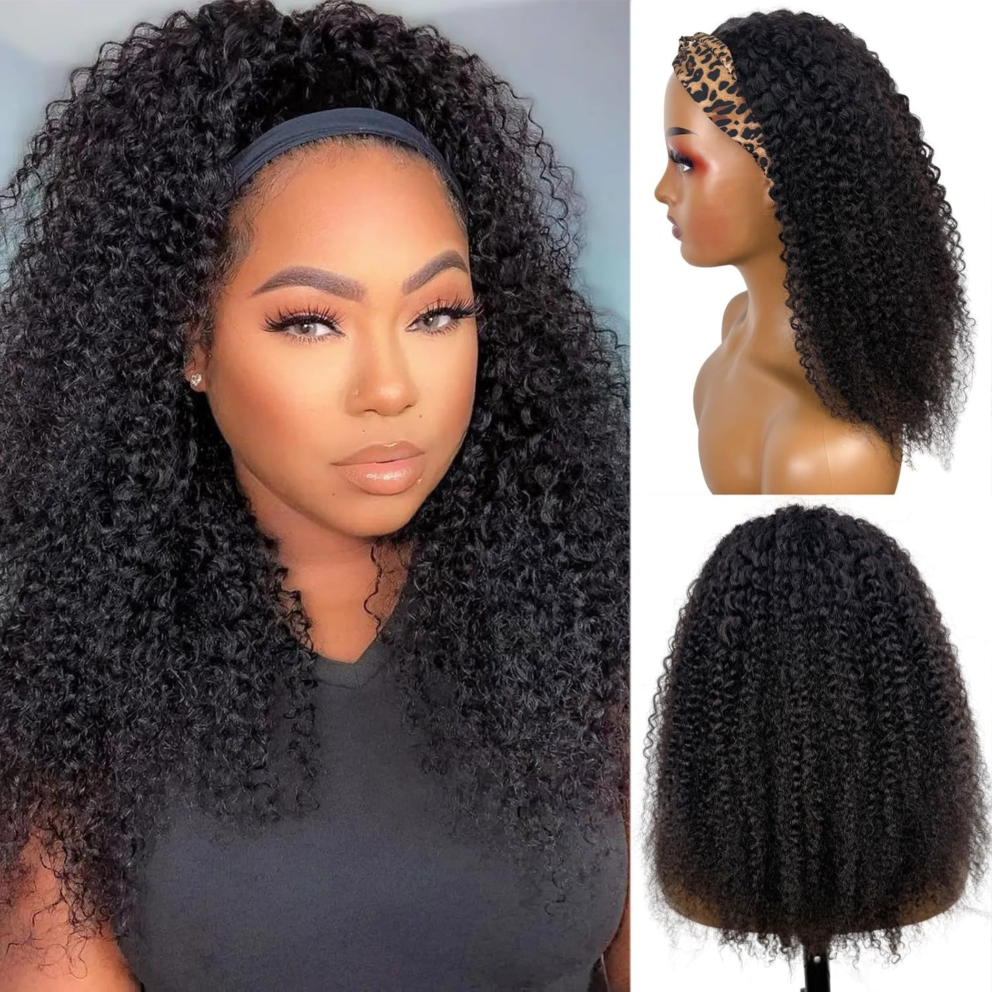 Kinky Curly Headband Wig Human Hair 24 Inch Headband Wigs for Women Human Hair Glueless None Lace Front Curly Wave Wigs Brazilian Virgin Hair Wear and Go Glueless Wig 150% Density Natural Black Color
