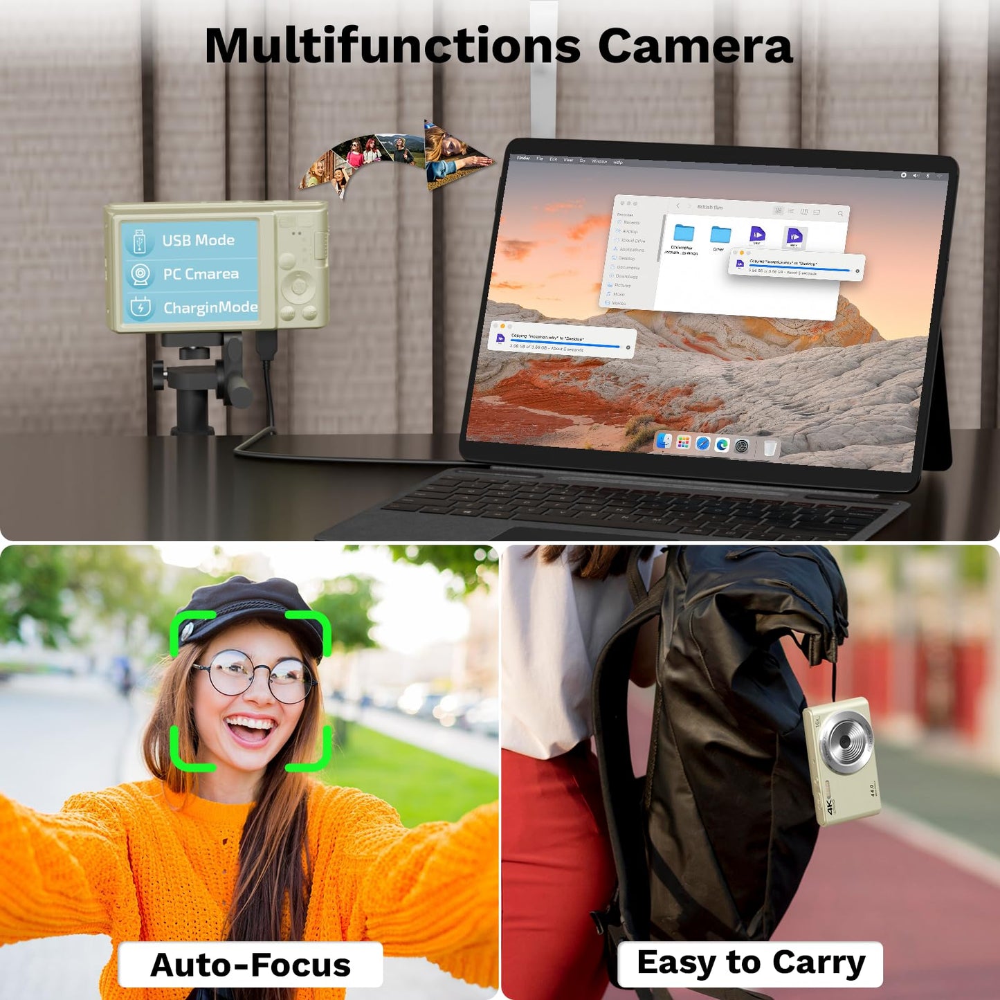 2025 Upgrade Digital Cameras,Digital Camera 4K 44MP, Compact Point and Shoot Digital Cameras for Teens with 16x Zoom, 64 GB SD Card, Vintage Digital Camera for Kids Boys Girls (Cream)