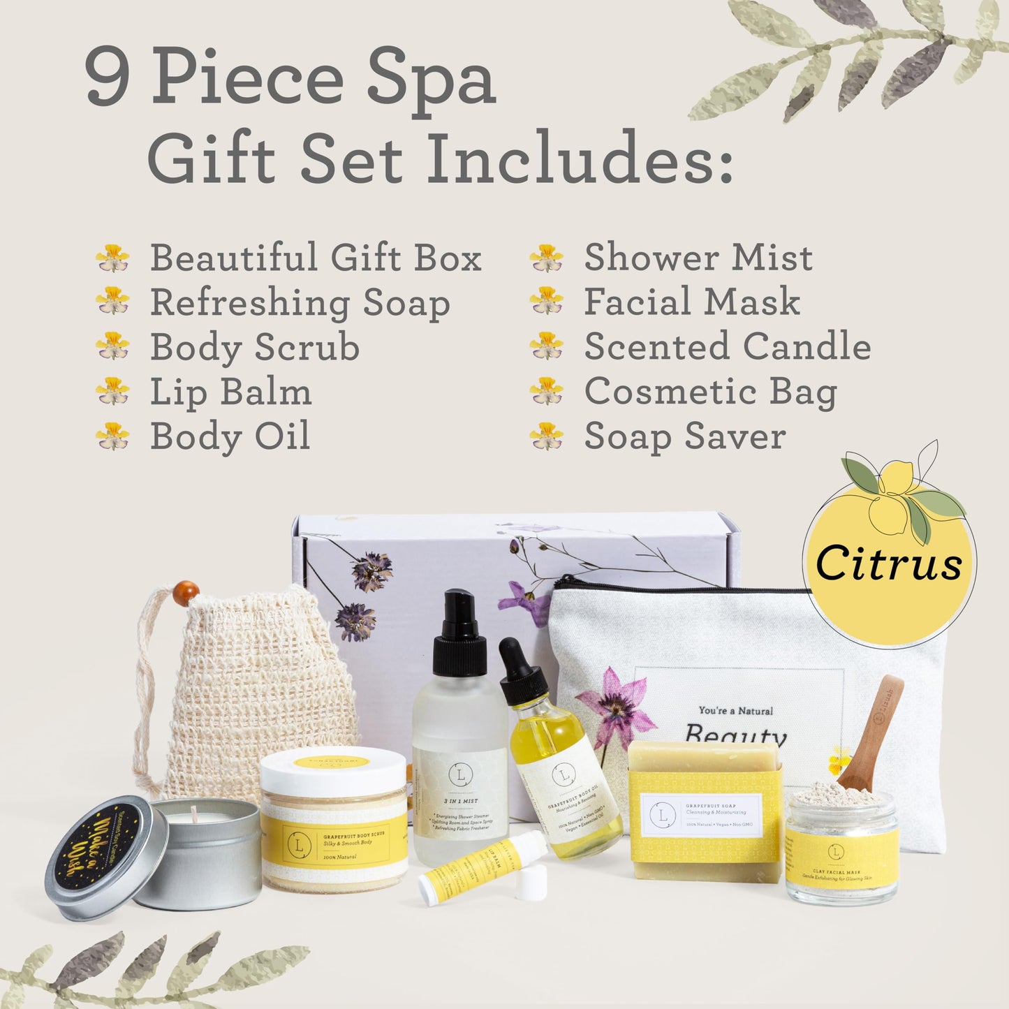 Lizush Luxury Spa Gifts for Women - 9 Piece Citrus Spa Gift Baskets for Women, Relaxation Birthday Gift Set, Handmade in the USA, Self Care Gift Sets For Wife, Mom, Co-Worker, Best Friend