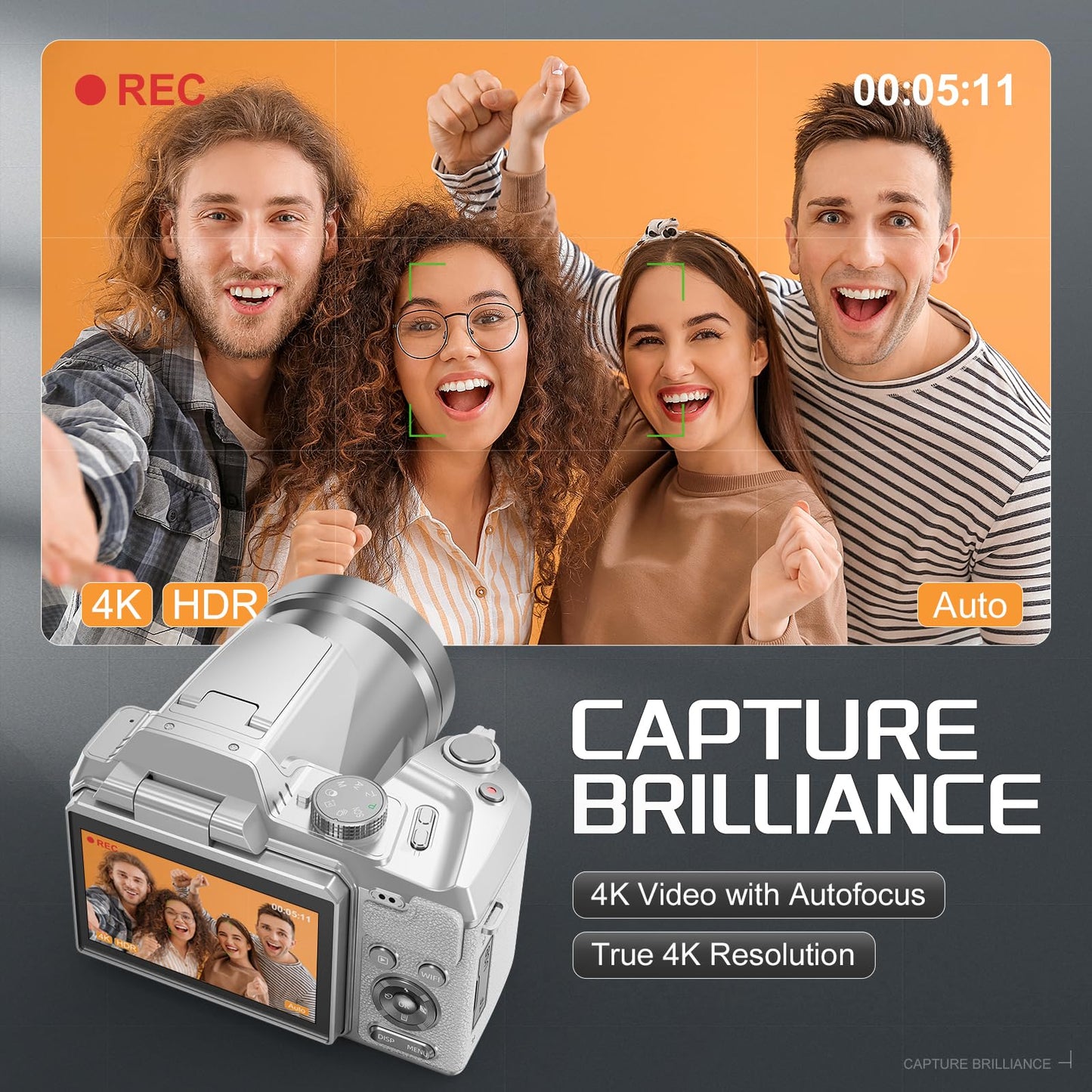 64MP 5K Professional Digital Cameras for Photography - WiFi, Autofocus 16X Zoom, 3” 180° Flip Screen, 32G Card & 2 Batteries, Vlogging Camera for YouTube Live Streaming (White)