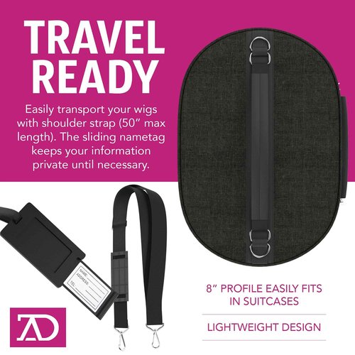 Wig Travel Case - 8"-12" High Wig Box with Collapsible Wig Stand - Dome Foam Wig Head Stand in Zipper Carrying Case w/Handle for Safe Traveling Storage of Wigs, Lace Front Cap, Toupee (Denim Black)