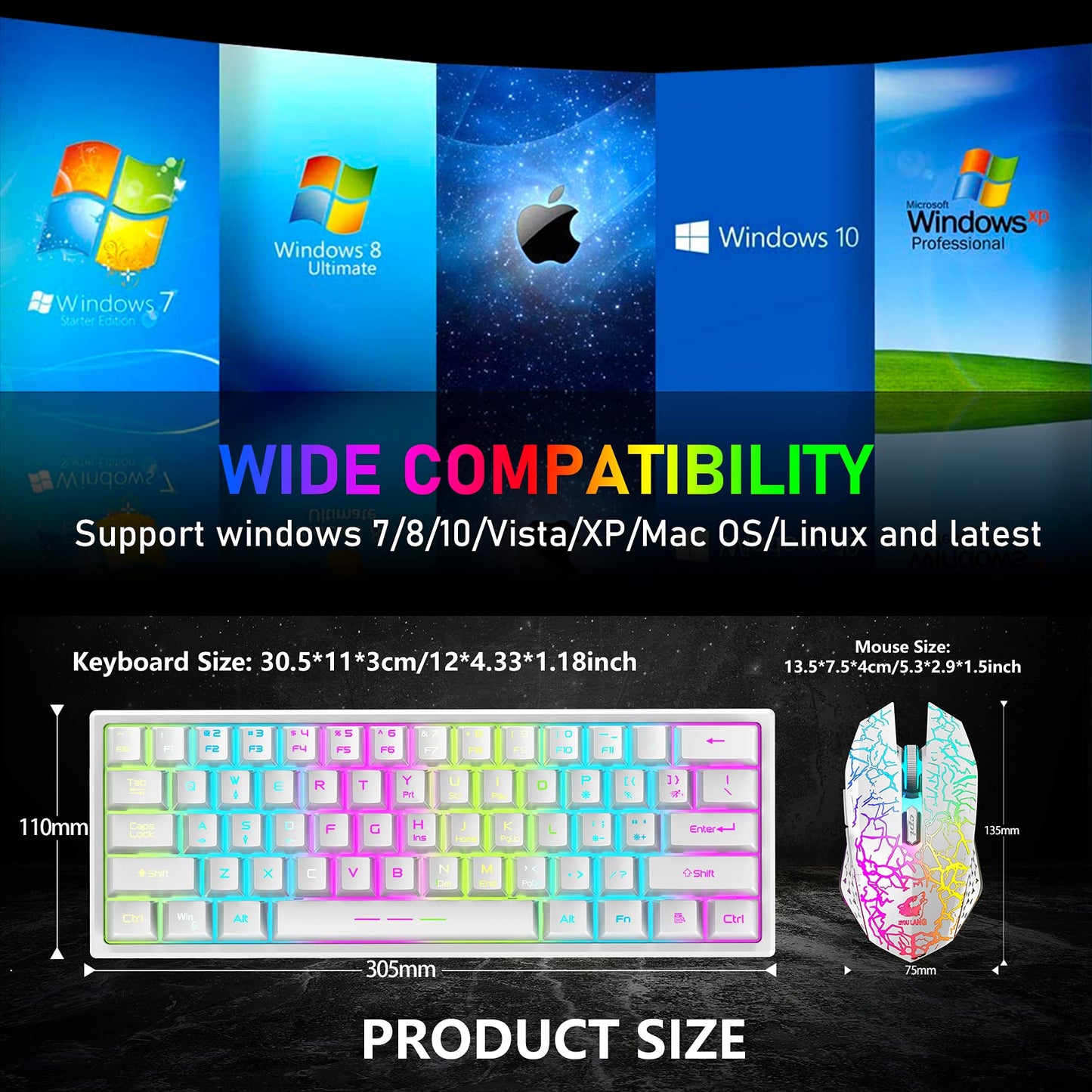 ZIYOU LANG T61 Wireless Gaming Keyboard and Mouse Combo with Ergonomic 61 Key Rainbow LED Backlight Anti-ghosting Mechanical Feel Rechargeable 4000mAh Battery Mouse Pad for PC MAC Gamer Typists(White)