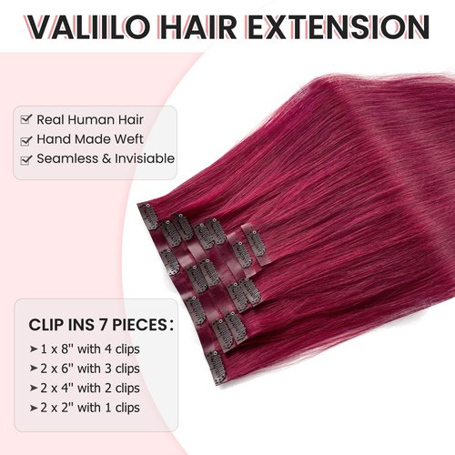 Hair Extensions Burgundy Clip in Hair Extension Real Human Hair Clip on Hair Extensions for Women 22 Inch 100G 7 Pcs