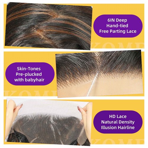 KOME Black Brown Highlight Synthetic Lace Front Wig,13X6 HD Long Straight Glueless Wig for Women Daily Use 20IN(1B/30)