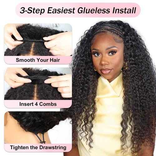 BGM GIRL Half Wig Human Hair Water Wave 3 in 1 Wigs Beginner Friendly Flip Over Drawstring Glueless Wig Ready to Go Seamless Clip in Wigs Natural Black Color 18 Inch