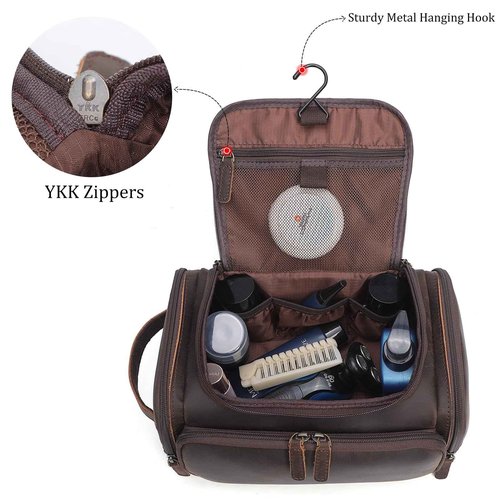 Polare Full Grain Leather Toiletry Case Bag Travel Dopp Kit Organizer Hanging Makeup Cosmetic Shaving Kit Wash Case for Men