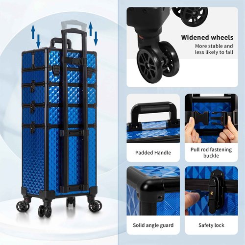 AROUS Rolling Makeup Train Case 4 in 1 Cosmetology Case on Wheels Large Storage Cosmetic Trolley with Key Salon Barber Case Traveling Cart Trunk, Blue