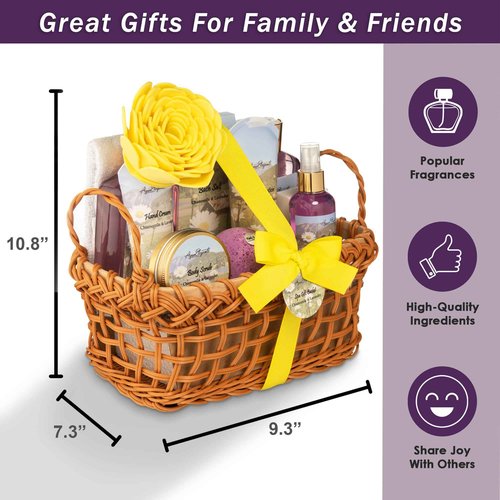 Spa Baskets For Women - Luxury Bath Set With Lavender & Chamomile - Spa Kit Includes Wash, Bubble Bath, Lotion, Bath Salts, Body Scrub, Body Spray, Shower Puff, Bathbombs, Soap and Towel