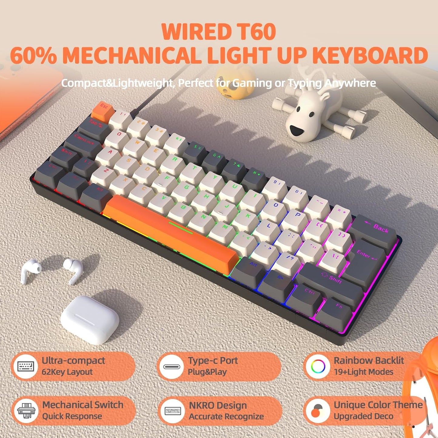 ZIYOU LANG T60 Wired 60% TKL Mechanical Gaming Keyboard with Led Rainbow Backlight Ultra-Compact NKRO Tactile Clicky Blue Switch Tri-Color ABS Keycap for Windows Laptop PC Mac Gamer(Pink/White)