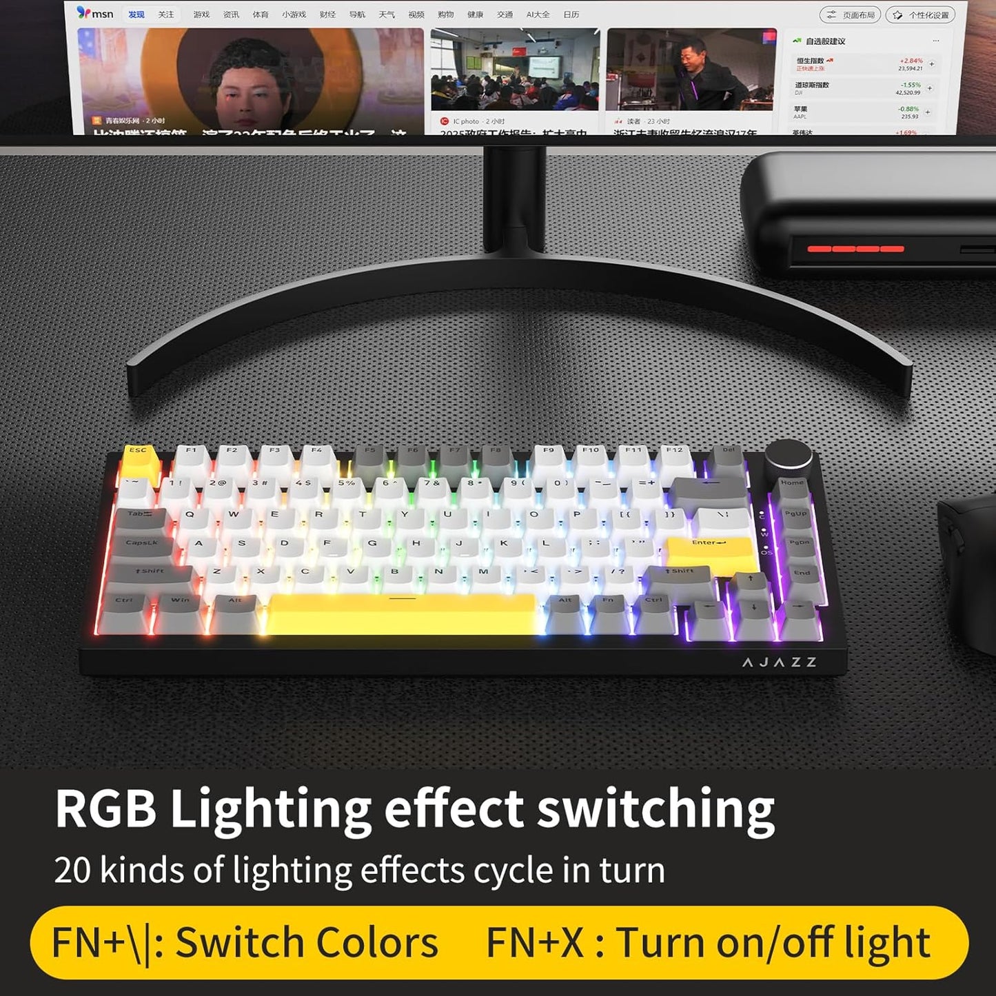 AJAZZ AK820PRO 75% Hot Swap Gasket Mount Mechanical Keyboard with TFT Display Screen, 4000mAh BT/2.4G/Wired RGB South Facing LED, MOA Profile Keycaps & Knob Control Flying Fish Switch