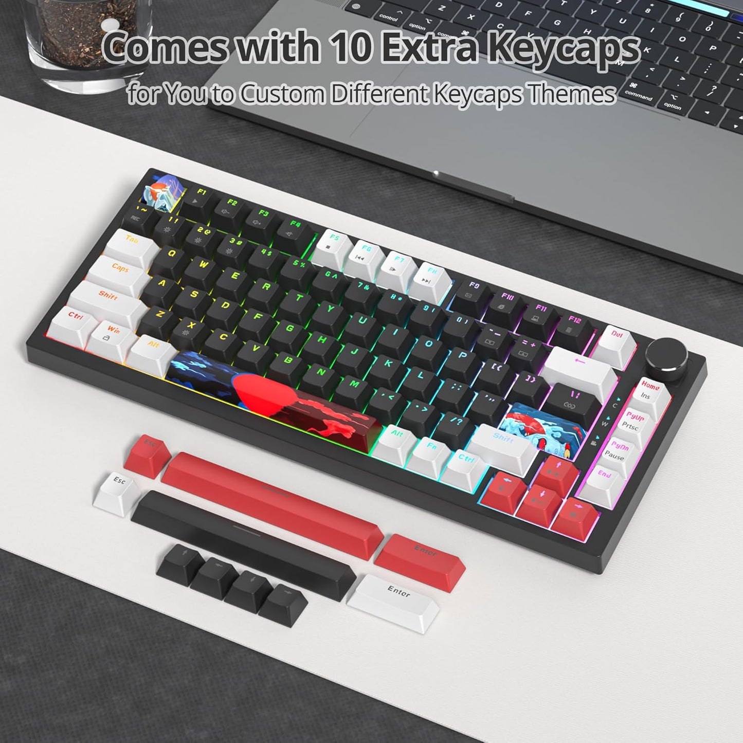 75% Mechanical Gaming Keyboard, Hot Swappable RGB Backlit Custom With Knob, Gasket Mount USB Wired, 82 Keys Blue White Linear Red Switch (82 Blue White)