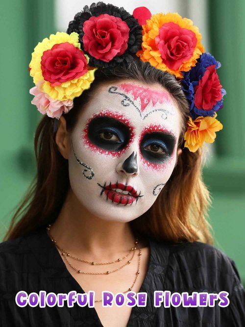 Zeyune Mexican Flower Headband Fiesta Rose Flower Crown Costume Mexican Headpiece for Women Party Cosplay Halloween(Mixed Color,16pcs)