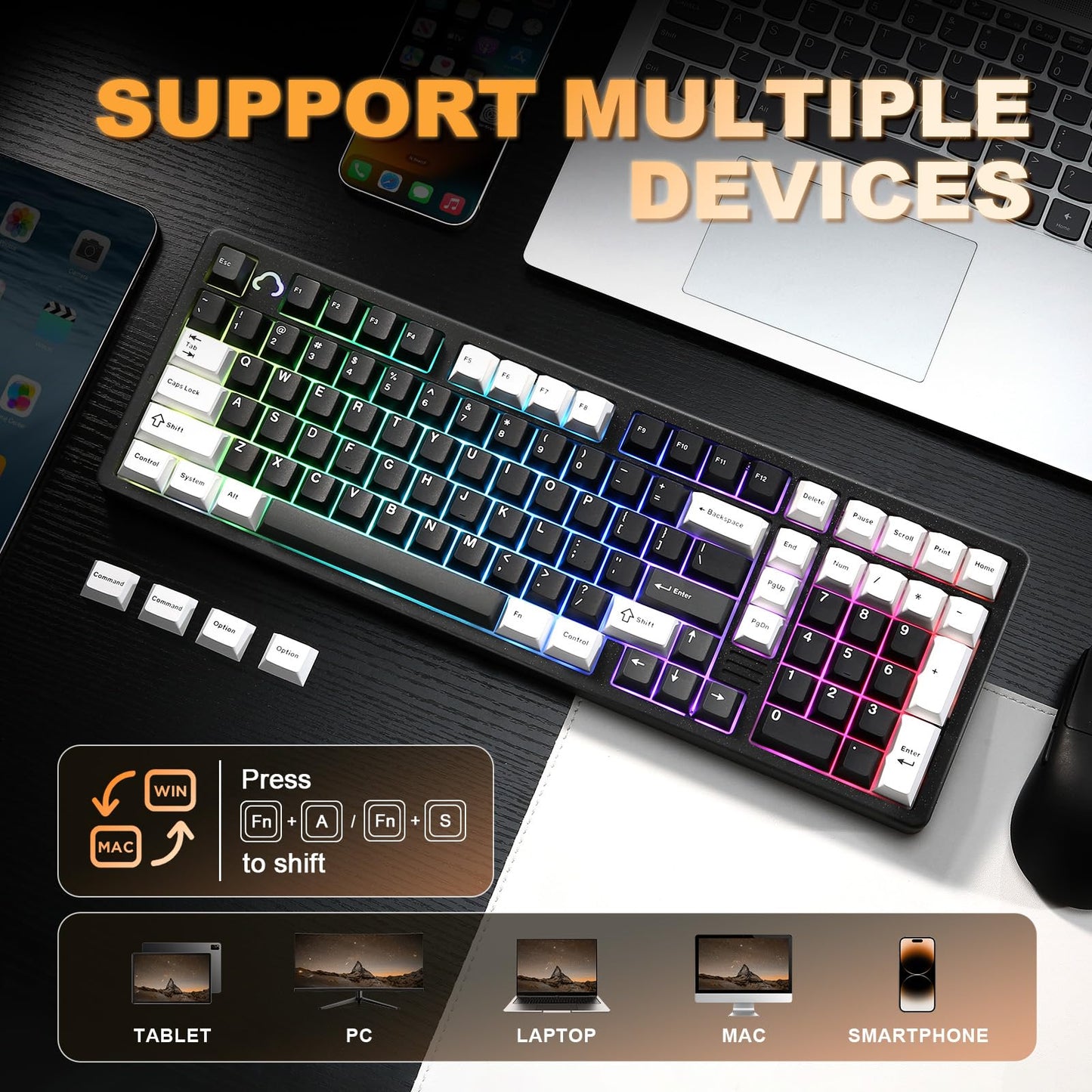 YUNZII AL98 QMK/VIA Wireless Mechanical Gaming Keyboard,Full Aluminum,BT/2.4G/USB-C, Pre-Lubed Hot Swappable Gasket Mount 1800 Layout,RGB Backlit for Win/Mac (Black, Milk Switch)