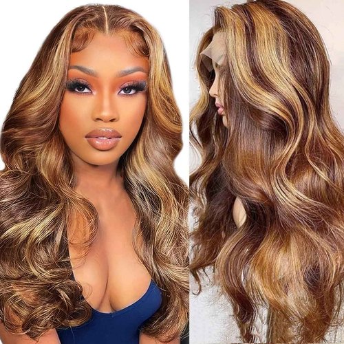 SKYDO Highlight Lace Front Wig Human Hair 4/27 Ombre Honey Blonde Lace Front Wig Pre Plucked 13x4 HD Lace Front Wigs Human Hair 180 Density Body Wave Frontal Wigs for Women 24inch