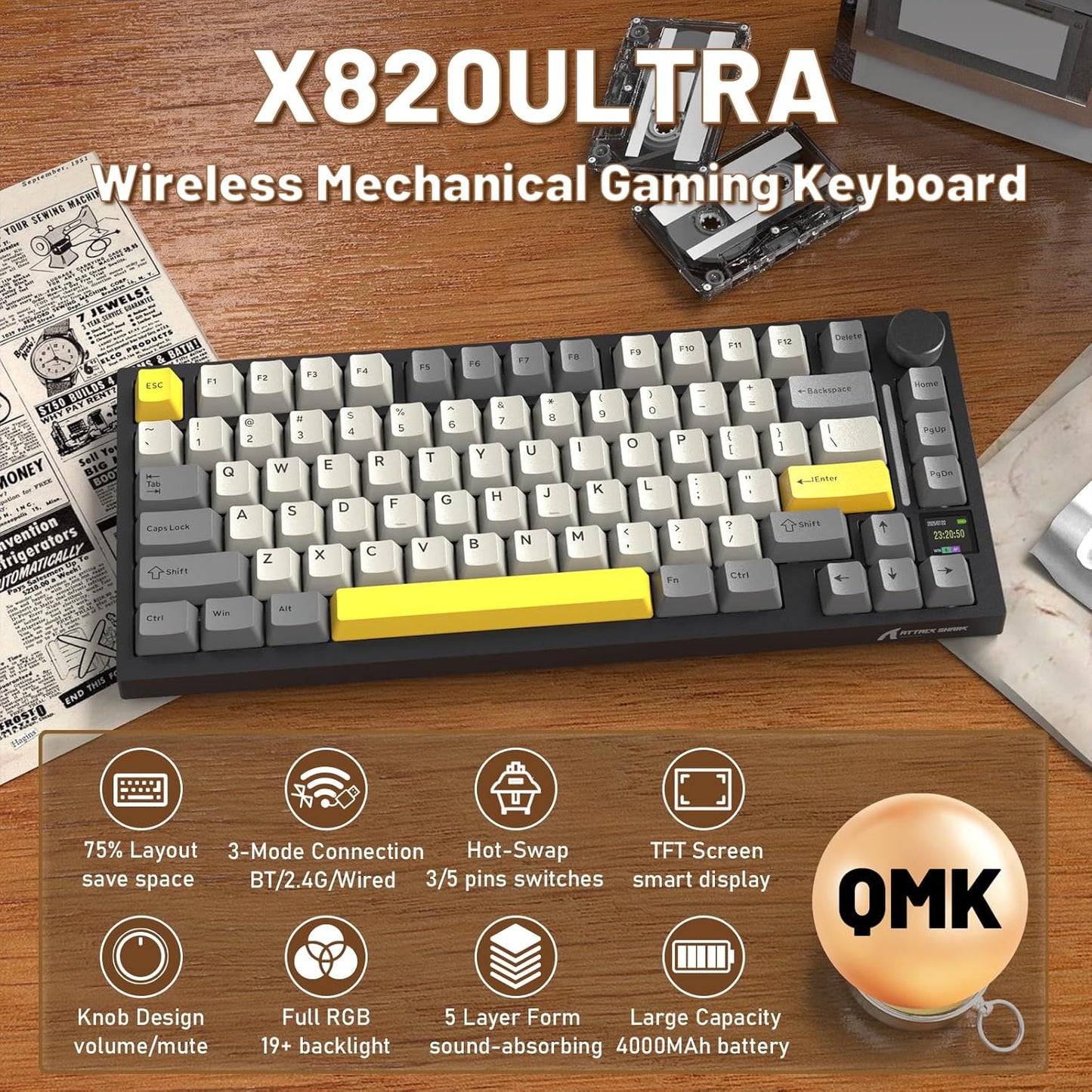 Attack Shark ajazz AK820 Wired Mechanical Gaming Keyboard with Volume Knob Hot Swappable 75% Gasket Keyboard 5-Layer Noise Absorbing Foam PBT Keycap Ice Blue Backlit Blue Switch for PC/Win/Mac-White