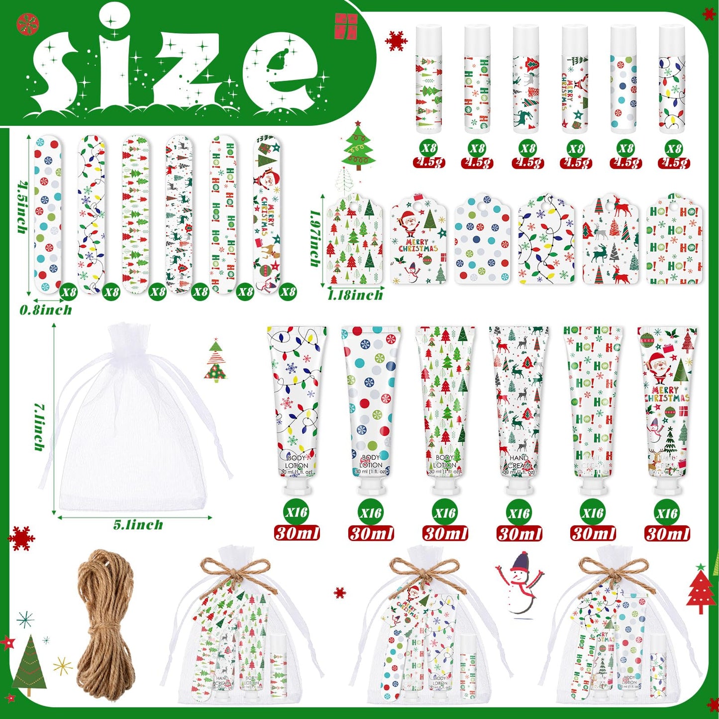 48 Sets/288 Pcs Christmas Party Favors Christmas Hand Cream Body Lotion Lip Balm Nail File Gifts Set Xmas Stocking Stuffers Travel Size Lotion Bulk Holiday Party Supplies for Coworkers Women Adults