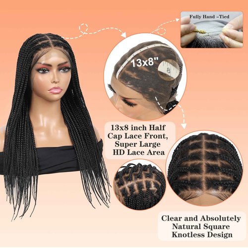 Brinbea 13x8'' HD Lace Front Knotless Braided Wigs for Women Short Box Braid Wig with Baby Hair Premium Synthetic Braided Lace Front Wigs Black 22 inch