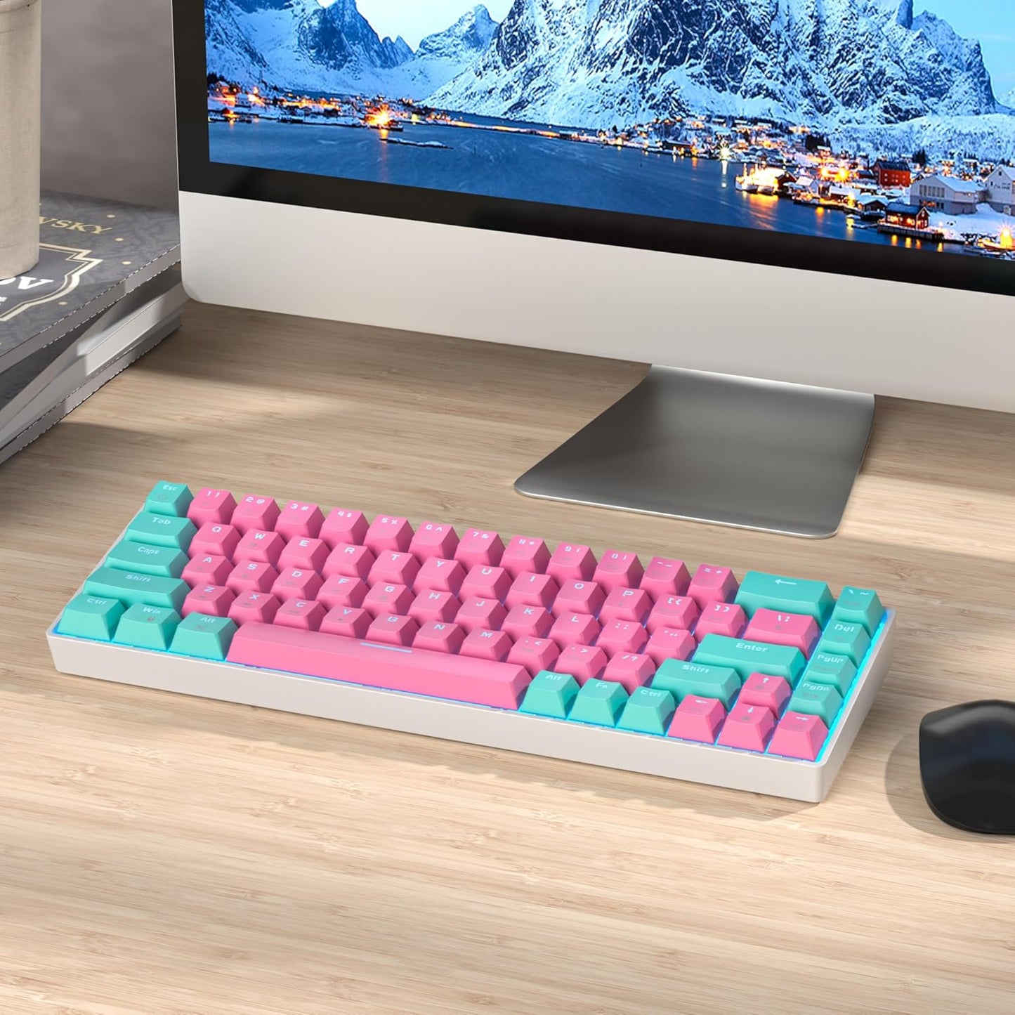 60 Percent Gaming Keyboard 68 Keys Mechanical Keyboard LED Backlit Compact Wired Keyboard with Red Switch for Windows PS4/5 Xbox Gamer(Black-White)