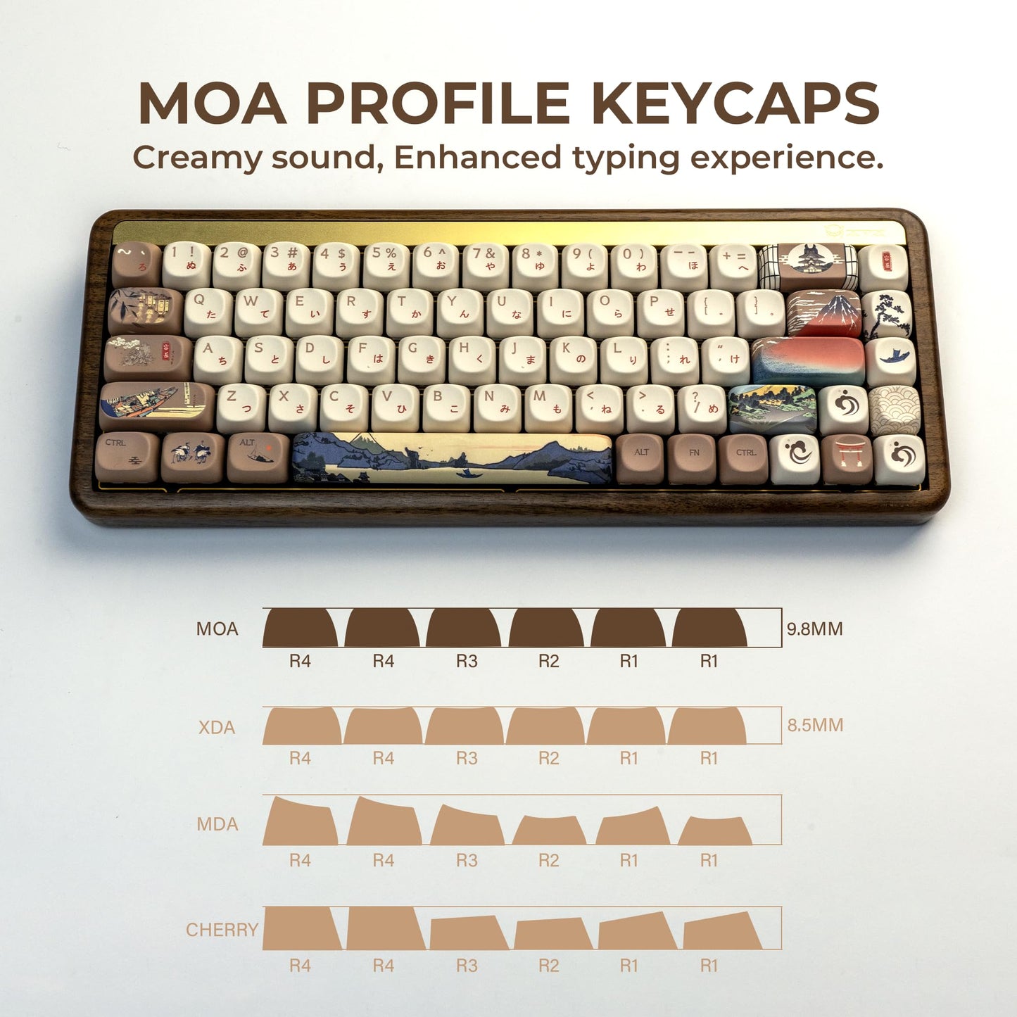 XVX MOA Profile Japanese Fuji Mountain Theme PBT Keycaps Set, 140-Key Coffee & Cream Custom Keycaps for US Layout Mechanical Keyboards (Brown/Beige Design with Key Puller)