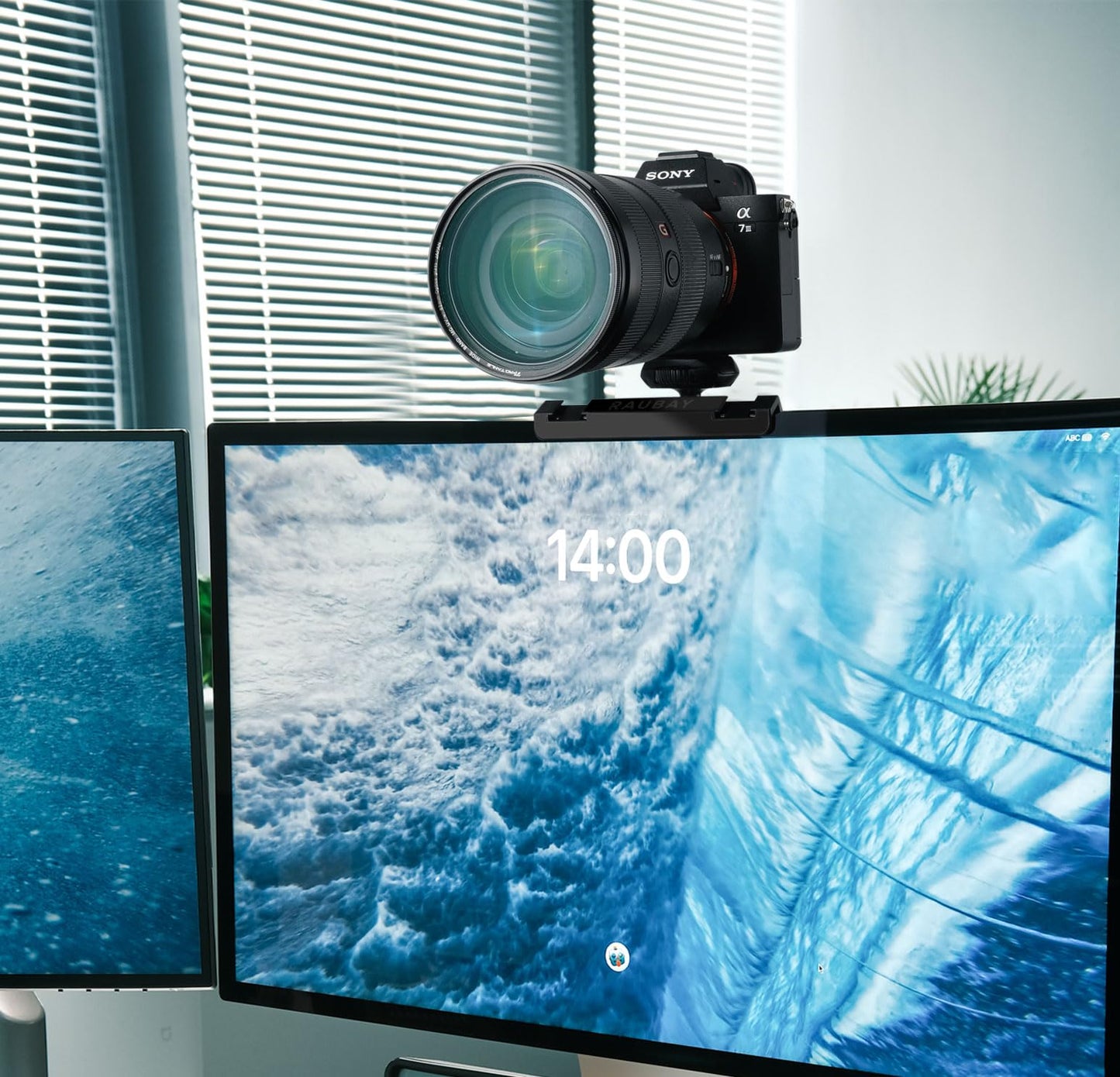 【CM01】 RAUBAY Monitor Top Camera Mount Clamp, Hanging Webcam Stand with 1/4" Screw, Suitable for Flat-Screen Monitors, for Live Stream, Video Conferencing, YouTube, TikTok, etc.