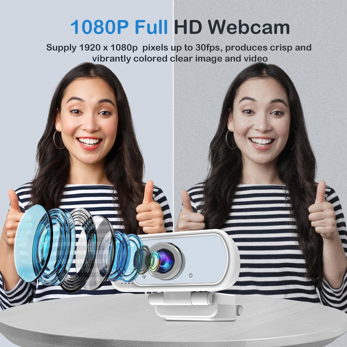 1080p White Webcam with Microphone, USB Web Camera 110-Degree View Angle Computer Camera,Webcam Tripod/Privacy Cover/USB C Adapter Include,Plug and Play Web Cam for Video Conferencing Streaming