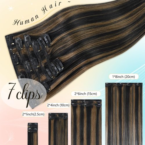 Newfeeling Clip in Hair Extensions Real Human Hair 22 inch 75g Straight Remy 100% Human Clips ins Extension #1BP6 Remy Hair Extensions Clip ins for Women