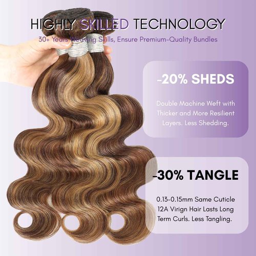 AUROO #P4/27 Honey Blonde Highlighted Body Wave Bundles Human Hair, 12A 100% Virgin Ombre Brown Brazilian Wavy Weaves Thick Track 3 Balayage Colored Human Hair Bundles Sew In Soft Remy 12 14 16 Inch