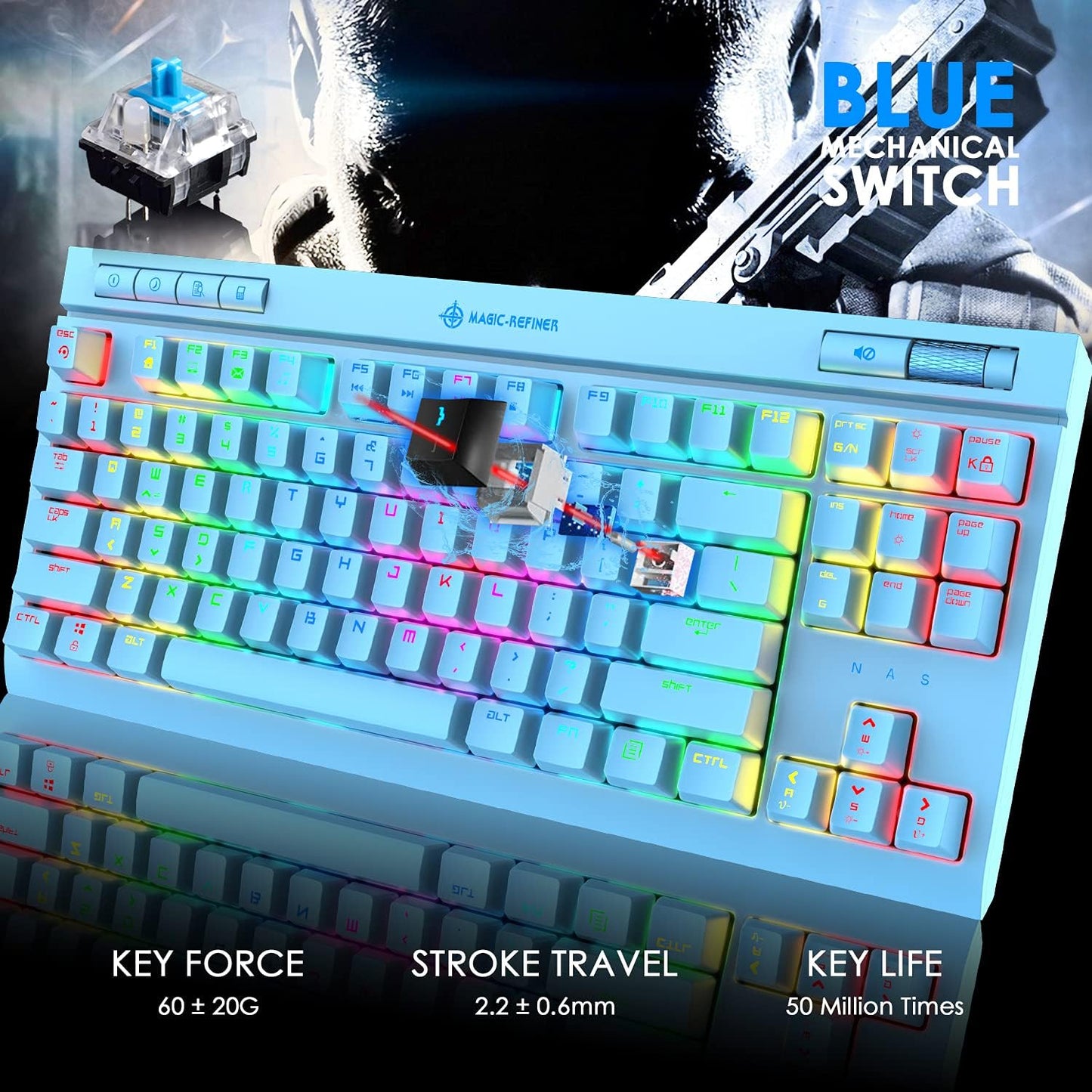 ZIYOU LANG Mechanical Gaming Keyboard, 87 Keys Chroma RGB LED Backlit, Blue Switch, USB-C, PC/Mac Compatible