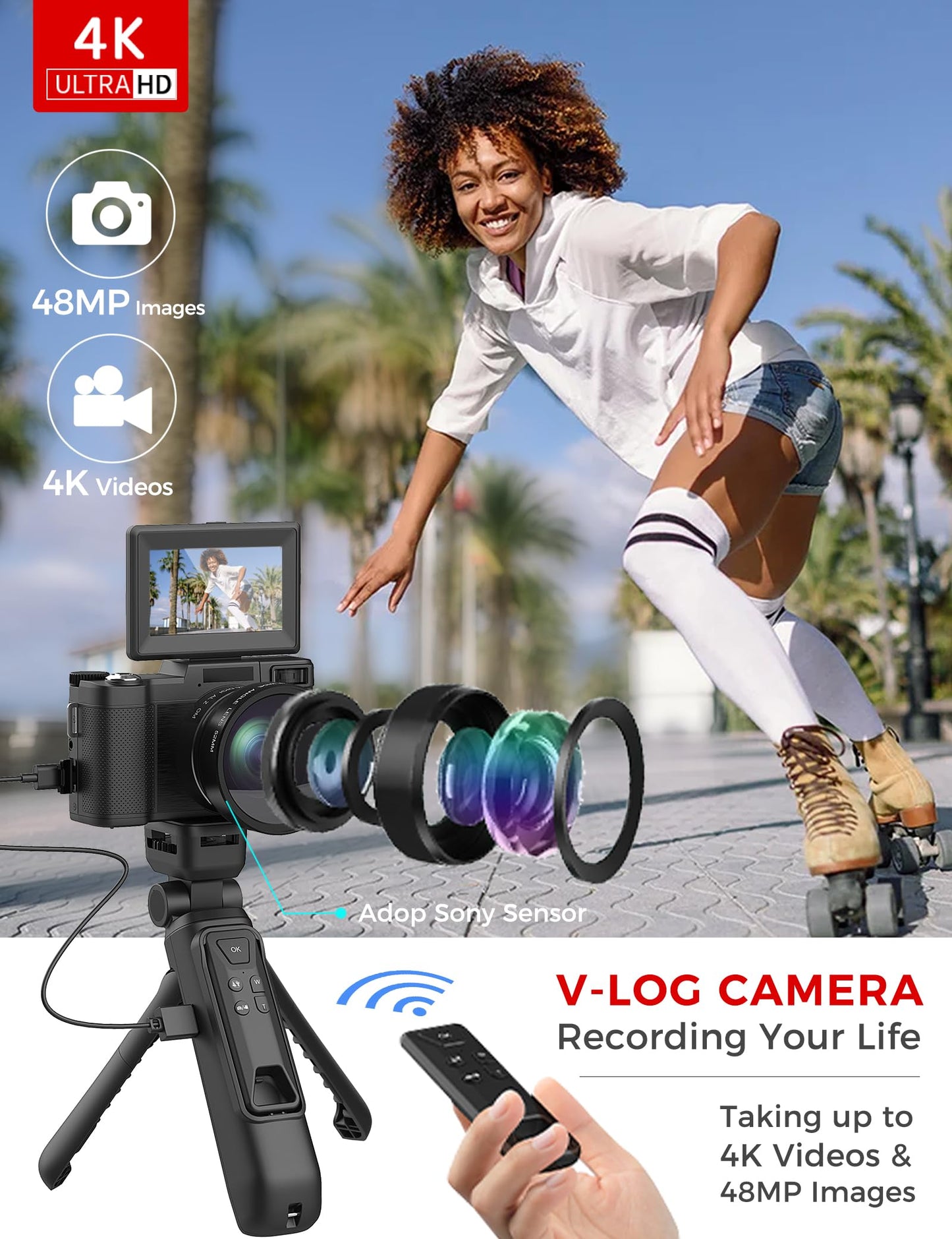 4K Digital Camera with Creator Accessory Kit 48MP Remote Control Vlogging Camera for Vloggers Autofocus Flip Screen Photography Cameras with Tripod Grip, Wide-angle & Macro lens, Mic, Batteries