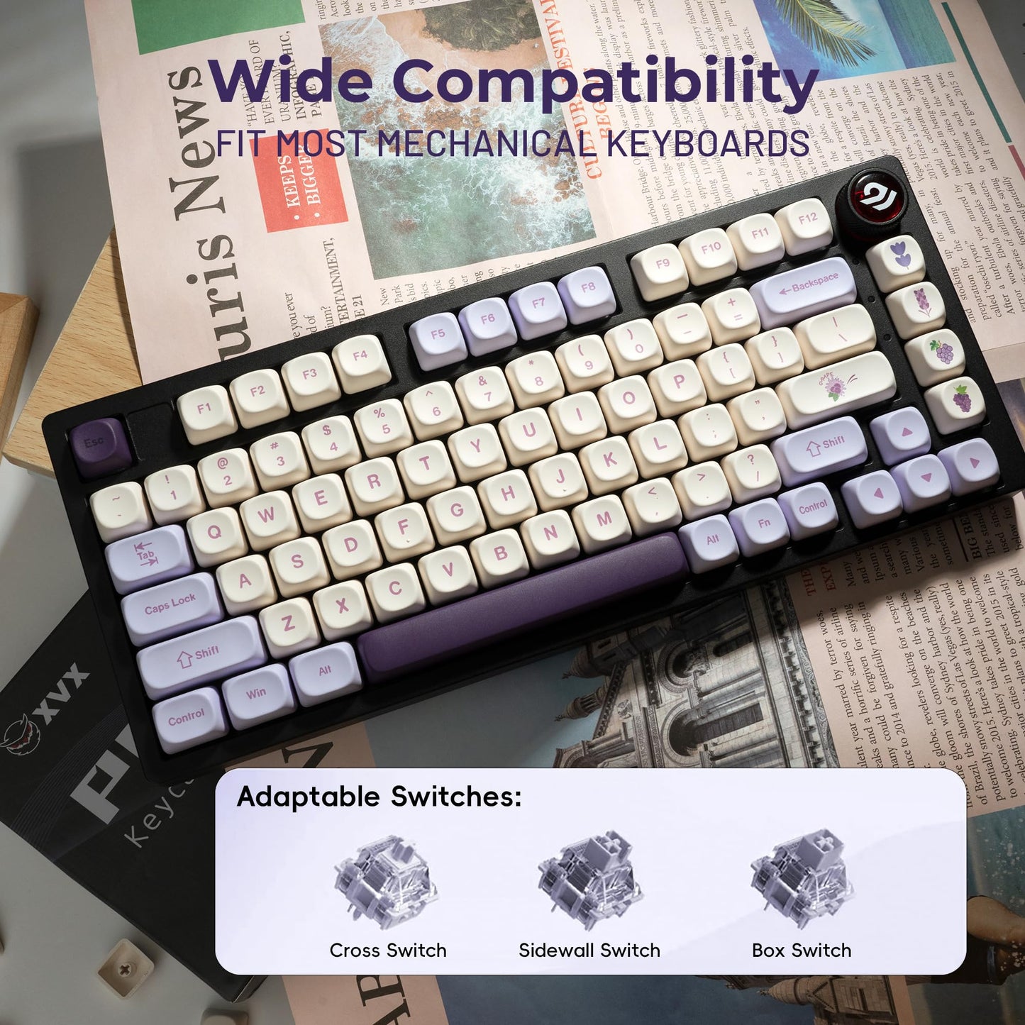 XVX MOA Profile Purple Grape Theme PBT Dye-Sub Keycaps, Custom Keycap Set for Mechanical Keyboards (Compatible with Cherry MX Switches, Purple & White Design)
