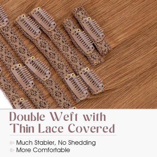 Elailite Clip in Hair Extensions Real Human Hair, Remy Hairpieces for Women, 7PCS Lace Weft Full Head, 20 Inch 120g Light Auburn