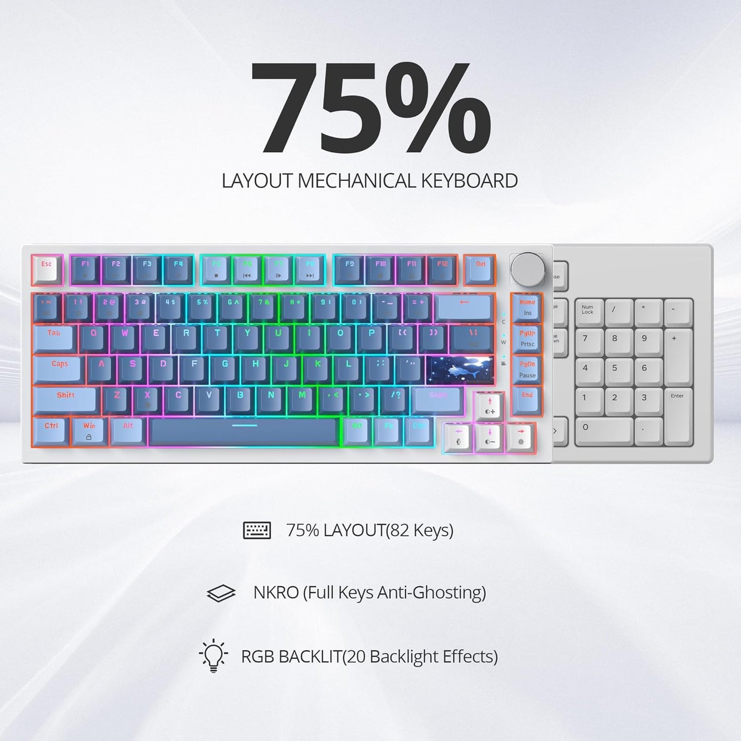75% TKL Wired Mechanical Keyboard,RGB Backlit Gasket Mount 82 Key Hot Swappable Custom Linear Red Switch Gaming Keyboard with Volume Knob & PBT Keycaps (82 Shoko)