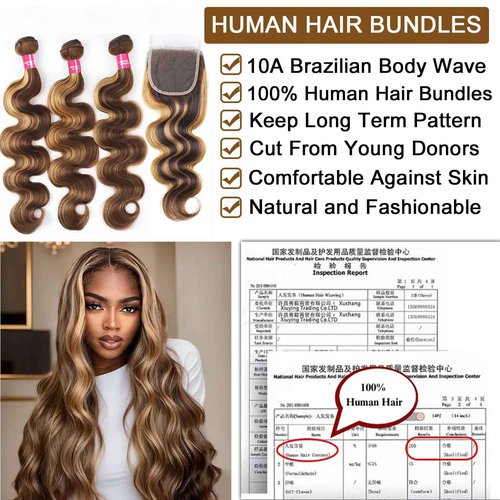 Highlight Bundles with Closure Human Hair Body Wave P4/27 Honey Blonde Bundles with Highlights human hair 10A Brazilian Body Wave with Closure 16 18 20+16inch