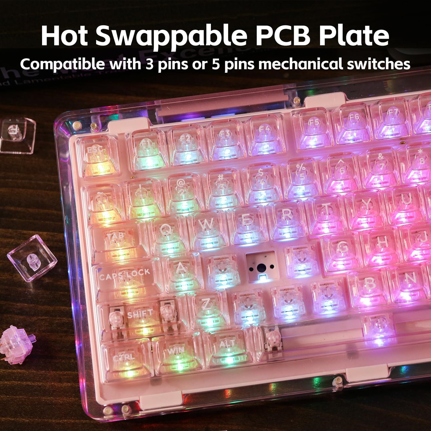 KiiBoom Phantom 81 75% Transparent Mechanical Gaming Keyboard, Hot Swappable Custom Gasket Keyboard with RGB Backlit, Clear Keycap, Rechargeable Battery, Triple Mode for Win/Mac (Phantom 81 V2 Pink)