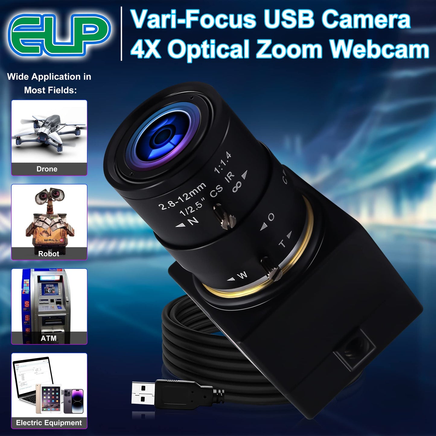 1080P USB Webcam with Zoom 2.8-12mm Vari-Focus PC Camera - 100fps/60fps Varifocal Lens