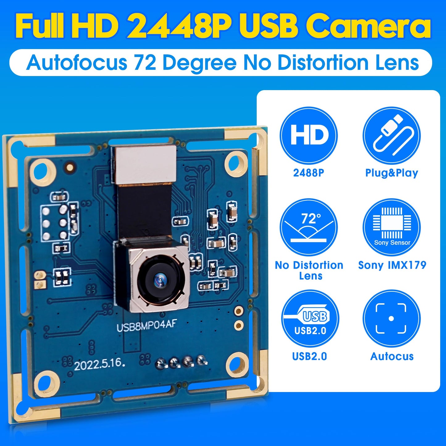 ALPCAM 8MP Autofocus USB Camera Module for Computer, IMX179 Mini UVC USB2.0 Webcam No Distortion Lightburn Camera for 3D Printer, 2448P Embedded Webcam for Windows, Linux, Android and Mac OS
