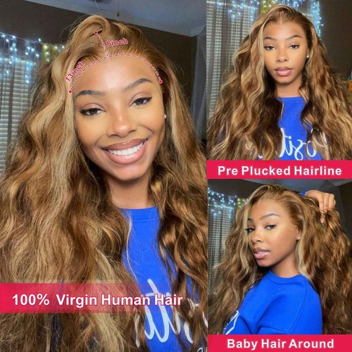 MARUOL Honey Blonde Ombre 13x6 Lace Front Wigs Human Hair 200% Density Highlight Body Wave HD Lace Front Wigs Pre Plucked Glueless P4/27 Colored Wig for Women Average Cap Tangle Free 22in