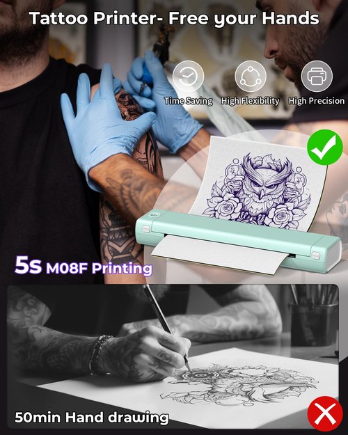Itari M08F Wireless Tattoo Stencil-Printer - Tattoo Transfer Machine Thermal Copier with 10pcs Transfer Paper, Bluetooth Stencial Printer for Tattooing, Compatible with Smartphone & PC, Green