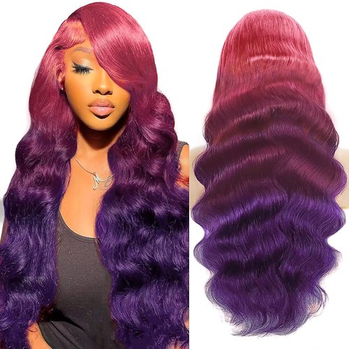 GGEDUO Dark Purple Ombre Lace Front Wig Human Hair Body Wave Burgundy Ombre 13x4 HD Glueless Lace Front Wigs 3 Tone Pink to Red and Purple Colored for Fashion Women 180% Density 18 Inch