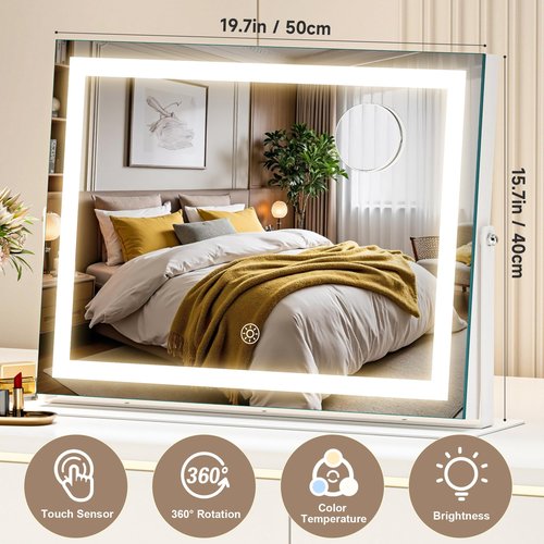 MINISO Vanity Mirror with Lights-19.7" x 15.8" LED Makeup Mirror, 3 Color Modes Touch Control and Brightness Adjustment Lighting Mirror, 10X Magnifying Glass, 360° Rotation