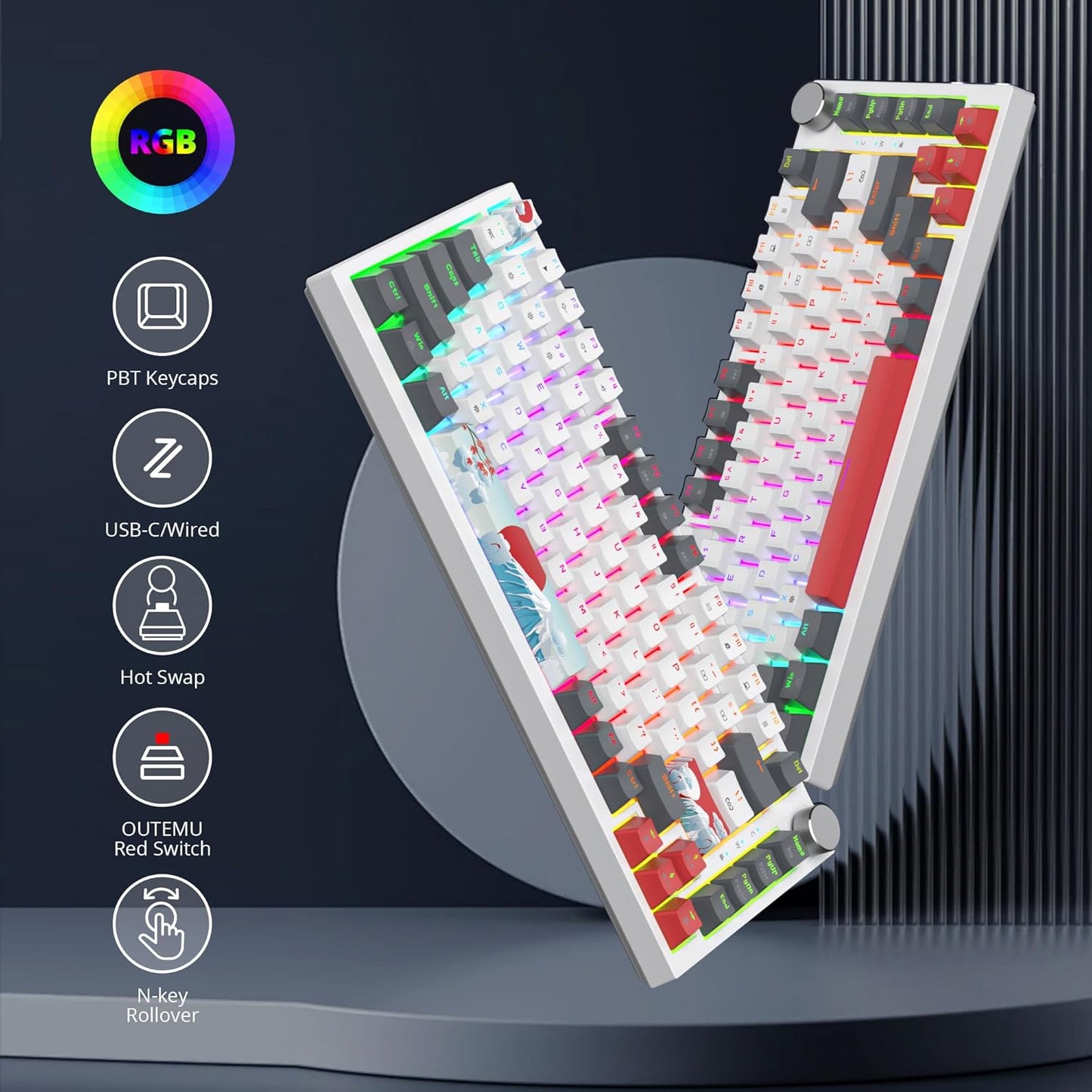 75 Percent Keyboard Gasket-Mounted with Sound Absorbing Pads, 82-Key Compact Wired RGB Mechanical Gaming Keyboard Hot-Swap Socket for Win, Monster-B