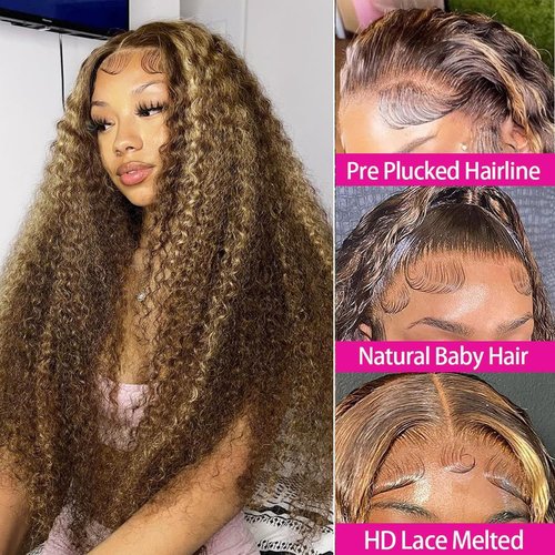 Nervoss 22 Inch Highlight Ombre Deep Wave Honey Blonde Lace Front Wigs Human Hair Pre Plucked 13X6 Transparent HD Lace Front Wigs Human Hair for Women 180% Density Curly Wig Blonde Wig